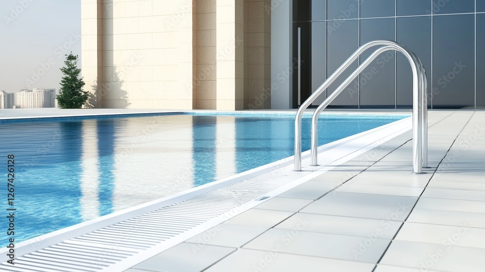 Fototapeta premium Modern rooftop pool with city view and metal handrails