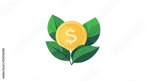 Golden coin nestled in green leaves; financial growth; nature; simple visual;  use in business, investment, ecological concepts photo