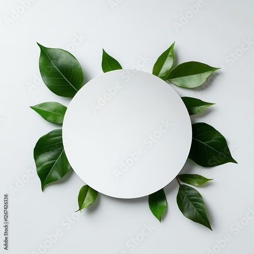 Modern white circular frame with fresh green leaves arranged symmetrically on a light background for a creative and natural botanical-inspired mockup design and eco-friendly branding