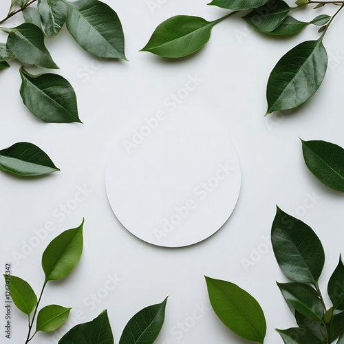Elegant white round frame encircled by lush green leaves on a soft light background creating a natural and organic botanical design for modern aesthetics and nature-inspired branding