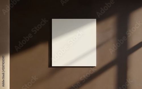Large vertical blank white canvas on beige wall with soft shadows and sunlight reflections creating a peaceful and minimalist interior ideal for artwork presentation and home decoration