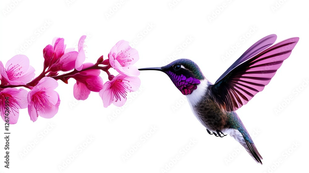 Naklejka premium a hummingbird in flight, sipping nectar from spring flowers, photorealistic digital art, vivid colors, isolated on white background