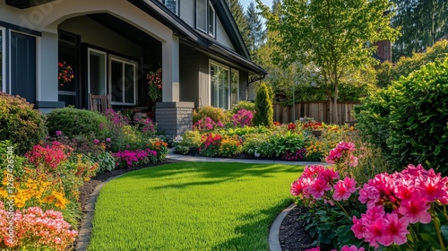 Beautiful home garden with green grass and colorful flowers in the front yard of the house, a springtime landscape design with flower beds and shrubs for a real estate photo
