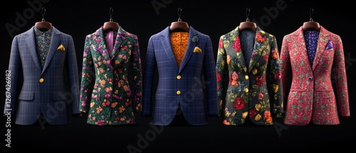 Row of tailored suits displayed on a black background for virtual clothing fitting and retail applications