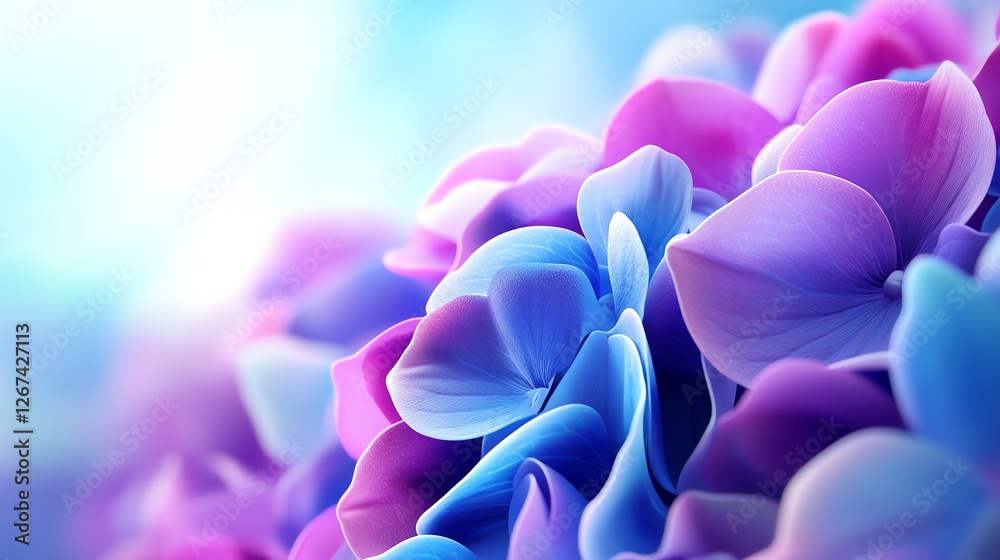 Blooming hydrangeas, lush blue and purple petals in sunlight, 3D illustration Blooming hydrangeas, lush blue and purple petals in sunlight, 3D illustration