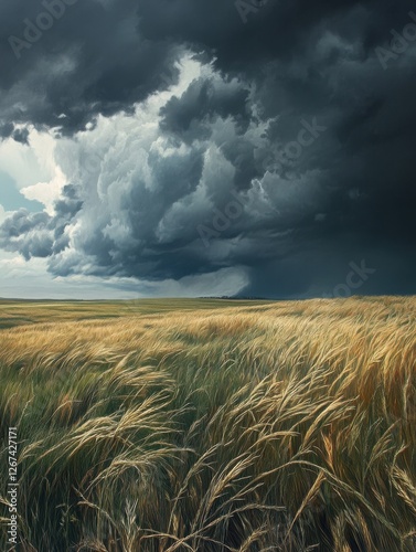 Summer storm approaching over a prairie with dark clouds rolling in and the wind stirring tall grasses