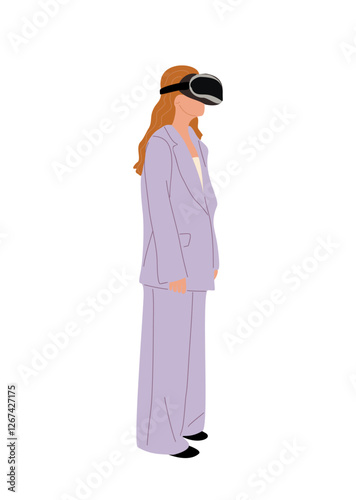 Young business woman in virtual reality headset. Pretty girl wearing digital glasses travel in metaverse. Modern technologies. Flat Vector illustrations isolated on transparent background.