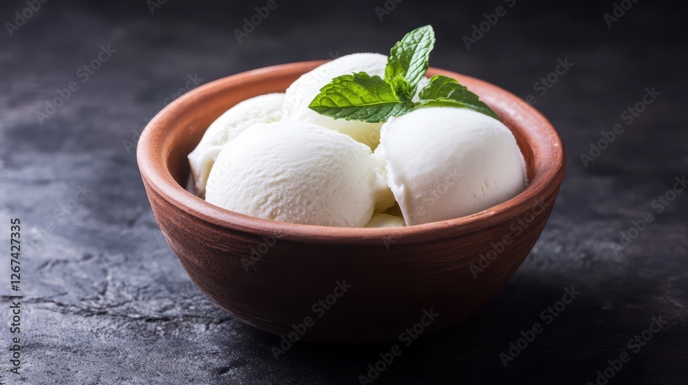 Mint ice cream scoops in brown ceramic bowl on dark background Mint ice cream scoops in brown ceramic bowl on dark background