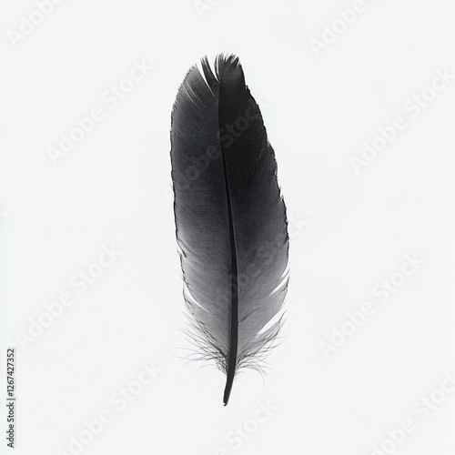 Isolated black feather with soft textures and detailed patterns on a white background for modern minimalist photography and nature inspired artistic decor