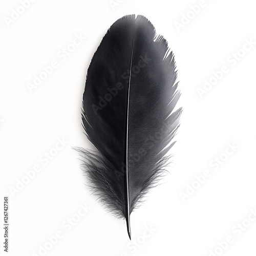 Large black feather with delicate details and elegant curvature on white background for sophisticated minimalist artistic photography and modern nature inspired design