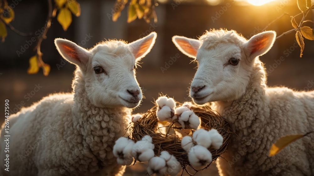 Two adorable lambs holding a cotton wreath during sunset. Two adorable lambs holding a cotton wreath during sunset.
