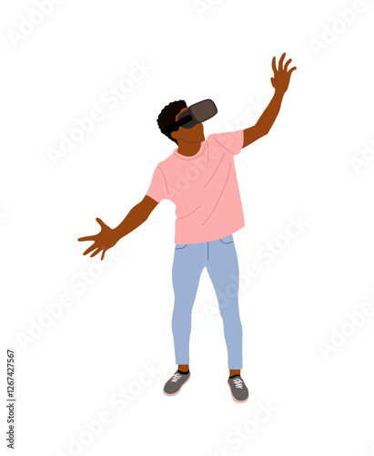 Young black man in virtual reality headset. African american guy wearing digital glasses travel in metaverse. Modern technologies. Flat Vector illustrations isolated on transparent background.