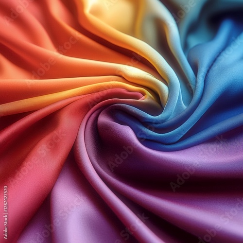 Colorful silk fabric with soft flowing folds in rainbow gradient creating a luxurious and elegant abstract design for stylish interior and fashion backgrounds