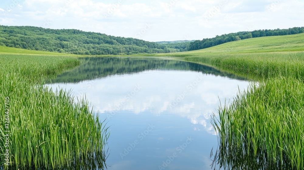 Obraz premium Calm lake surrounded by lush green reeds and rolling hills under a cloudy sky during daytime.