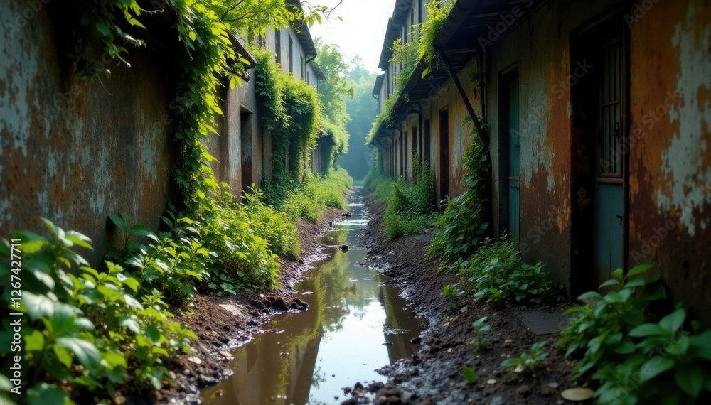 Muddy, abandoned alleyway with overgrown vegetation and rusty metal debris , pollution, earthy Muddy, abandoned alleyway with overgrown vegetation and rusty metal debris , pollution, earthy