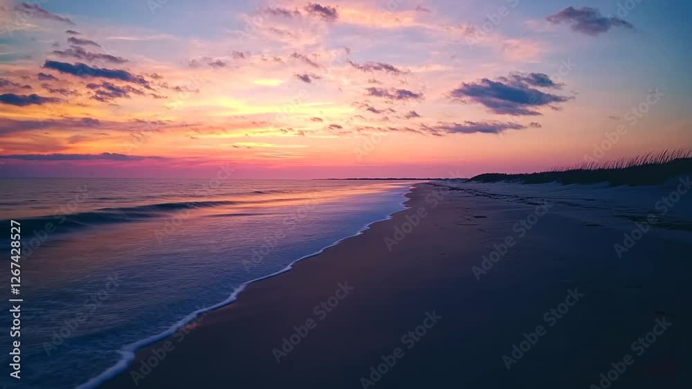 Serene sunset over calm beach with gentle waves Serene sunset over calm beach with gentle waves