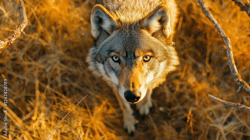 Wolf looking up in golden field, wildlife portrait, conservation Wolf looking up in golden field, wildlife portrait, conservation