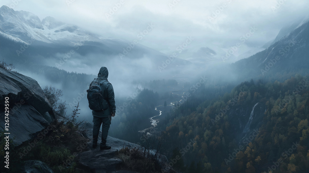 Hiker in a waterproof jacket, standing on a mountain trail overlooking a misty valley Hiker in a waterproof jacket, standing on a mountain trail overlooking a misty valley