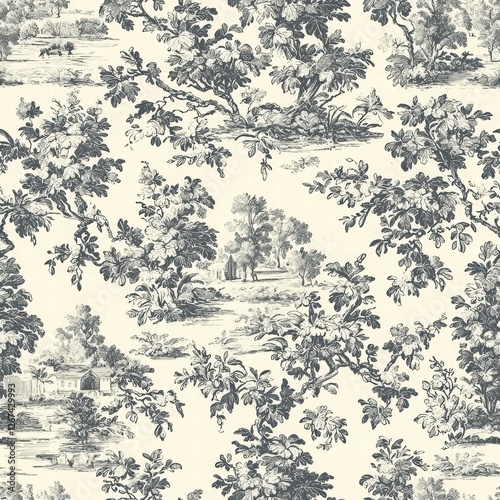 Wallpaper Mural Classic Toile de Jouy Seamless Pattern Featuring Detailed Nature Scenes in Monochrome Design Torontodigital.ca