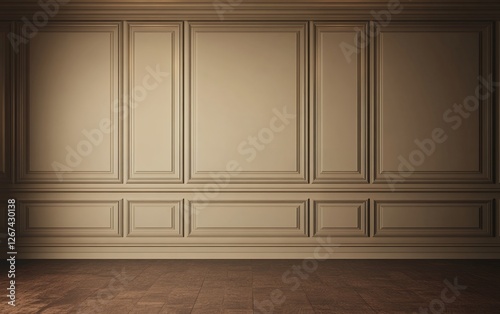 Classic beige wall paneling with intricate decorative moldings in a warm and luxurious interior space with elegant and timeless architectural details
