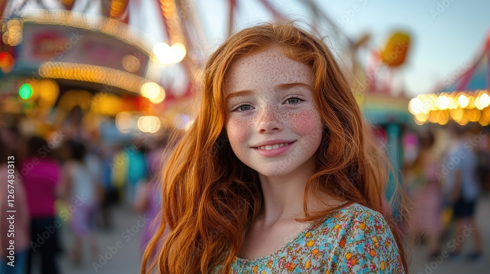 Obraz premium Redhead girl smiles at amusement park