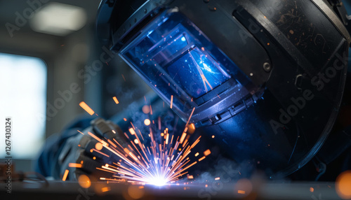 Close-up of a welder’s helmet with reflective visor, glowing sparks reflected as they work on metal