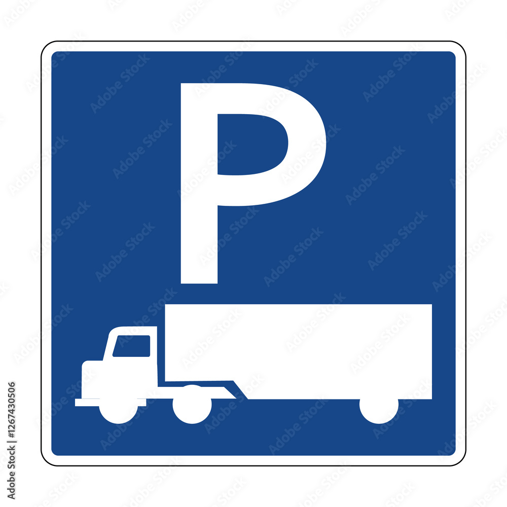 Parking for trucks road information sign. Indicates a place intended for parking trucks cars only. Parking place for cars. Parking space. Parking for trucks road information sign. Indicates a place intended for parking trucks cars only. Parking place for cars. Parking space.