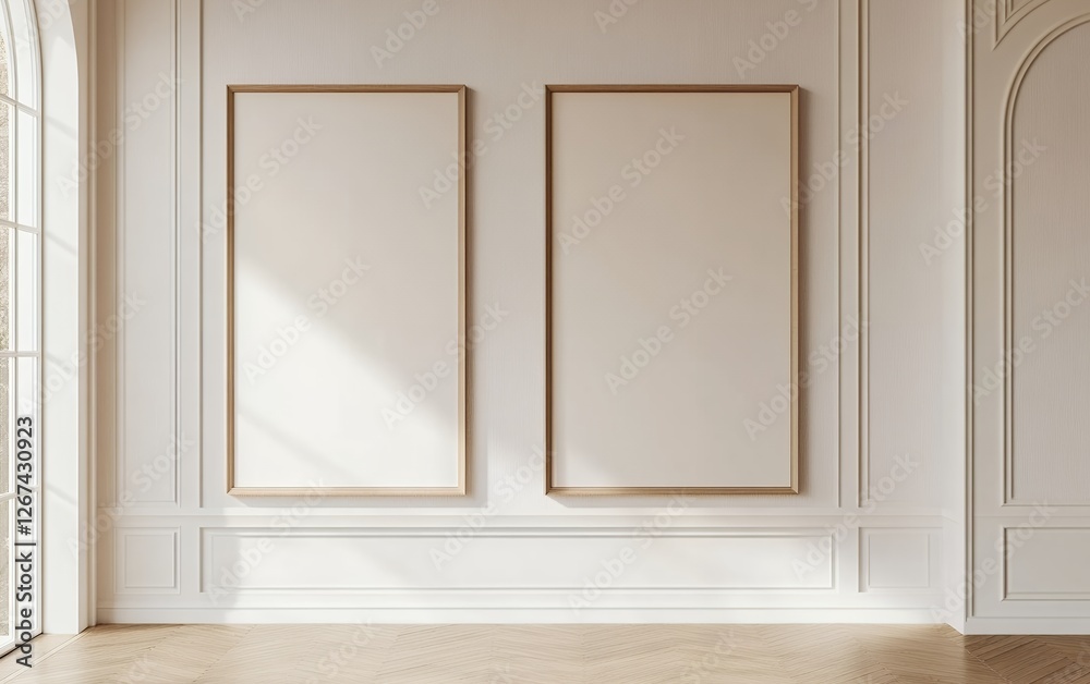 Bright and elegant interior with two large vertical blank frames on a white paneled wall in a modern classic room with sunlight and wooden flooring Bright and elegant interior with two large vertical blank frames on a white paneled wall in a modern classic room with sunlight and wooden flooring