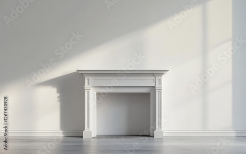 Elegant white fireplace mantel with traditional architectural details and ornate molding in a luxurious bright interior living space with classic home décor