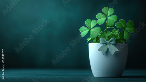 Shamrock in a white pot with a bowtie for Saint Patrick's Day, adding charm and luck to the holiday