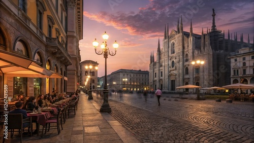 European city square at dusk, cobblestone streets, glowing street lamps, cafés with coffee drinkers, cathedral with intricate stonework, warm orange and purple sky. Ultra-detailed 8K.