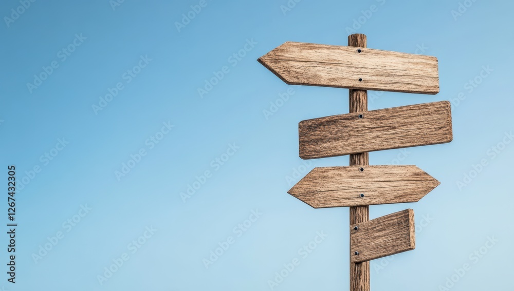 Wooden directional signpost with blank arrows against a blue ocean background Wooden directional signpost with blank arrows against a blue ocean background