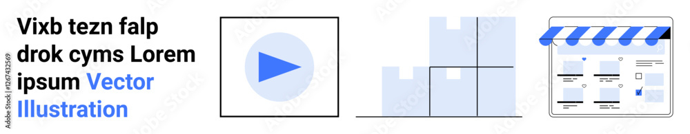 Play button in blue circle, bar chart with gradient fill, and digital shop interface with awning. Ideal for user interface design, apps, websites, business dashboards, e-commerce, multimedia Play button in blue circle, bar chart with gradient fill, and digital shop interface with awning. Ideal for user interface design, apps, websites, business dashboards, e-commerce, multimedia