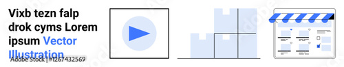 Play button in blue circle, bar chart with gradient fill, and digital shop interface with awning. Ideal for user interface design, apps, websites, business dashboards, e-commerce, multimedia