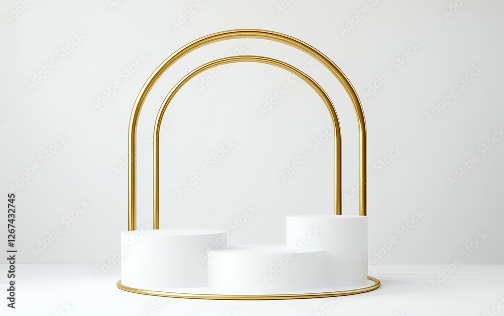 Modern white circular display pedestals with two gold arches and geometric composition in elegant interior Modern white circular display pedestals with two gold arches and geometric composition in elegant interior
