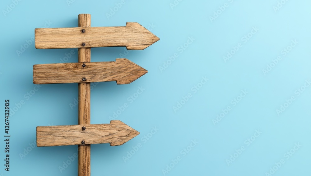 Wooden directional signpost with blank arrows against a blue ocean background
