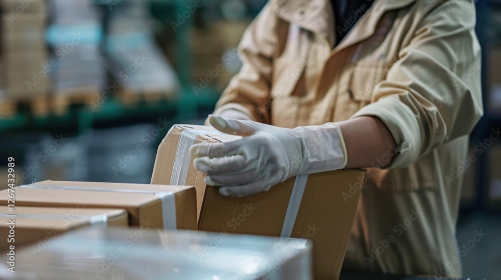 Obraz premium Factory Worker Wearing Protective Gloves Handling Cardboard Boxes and Packages in Warehouse Logistics Distribution Center for Commercial Shipping and Delivery