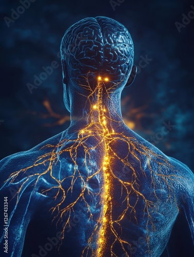 Vagus Nerve Stimulation (VNS): Image of a human torso with an animated depiction of nerve stimulation, focusing on the vagus nerve. photo