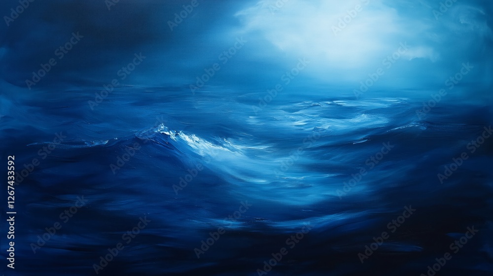 Fototapeta premium Realistic Painting of a Deep Blue Ocean at Night, Illuminated Only by Natural Light.