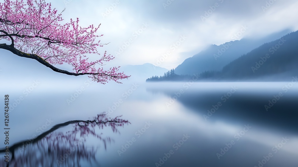 A mystical lake reflecting the pink hues of cherry blossoms, soft mist rising in the early morning light, peaceful and ethereal nature composition A mystical lake reflecting the pink hues of cherry blossoms, soft mist rising in the early morning light, peaceful and ethereal nature composition