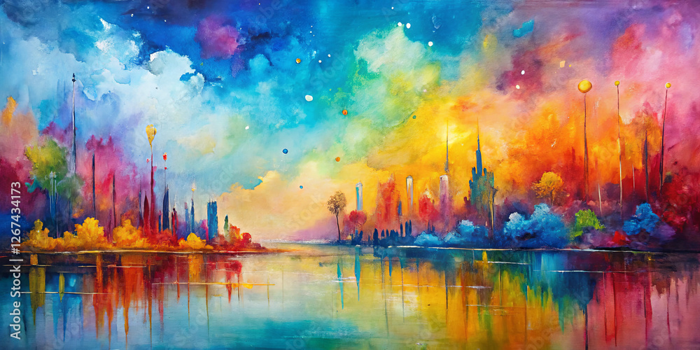 Obraz premium A stunning abstract landscape showcases a city skyline with vivid colors blending into a radiant sunset. The reflection on calm waters enhances the picturesque view, creating an enchanting atmosphere