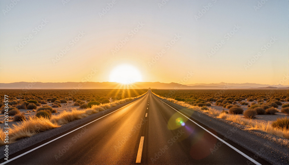 Naklejka premium Sunrise over open highway stretching through desert landscape for blogs, travel websites, adventure-themed designs, scenic wallpapers, and nature-related presentations