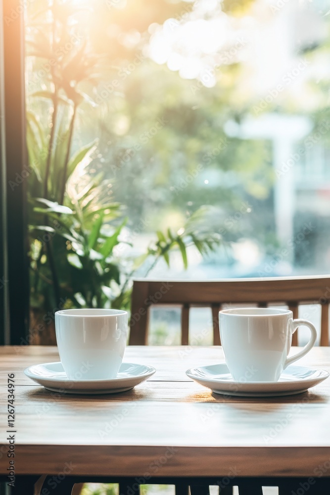 Moments of solitude captured in a cafe with two untouched coffee cups and an empty shared plate Moments of solitude captured in a cafe with two untouched coffee cups and an empty shared plate