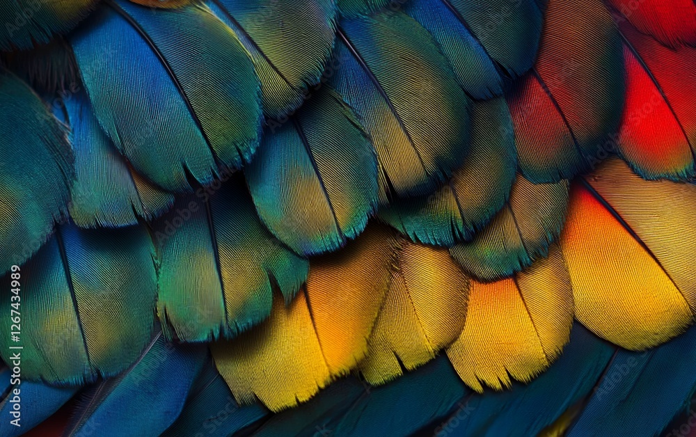 Fototapeta premium Macro photography of multicolored parrot feather texture featuring deep blue golden yellow and fiery orange tones for exotic nature and wildlife enthusiasts
