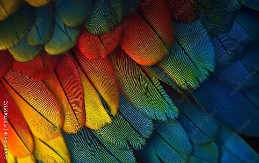 Obraz premium Extreme close up of mesmerizing parrot feathers showcasing a stunning rainbow gradient with rich tropical colors and detailed soft texture for artistic inspiration