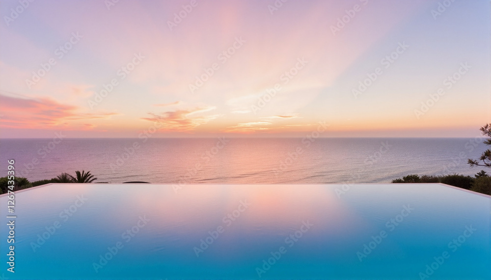 Obraz premium Stunning infinity pool reflecting pastel sunset over ocean for travel blogs, vacation websites, luxury real estate, resort marketing, and inspirational design projects