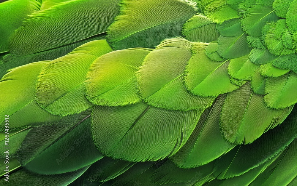 Naklejka premium Exotic green parrot feathers close up macro view of stunning bird plumage with vibrant natural layered textures and bright detailed color for wildlife lovers and nature inspired photography