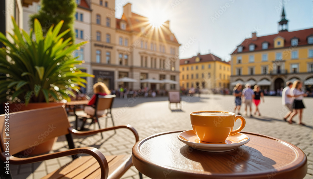 Fototapeta premium Coffee cup on a table in a sunlit square with people walking by for blogs, websites, café-themed designs, travel inspiration, and lifestyle presentations