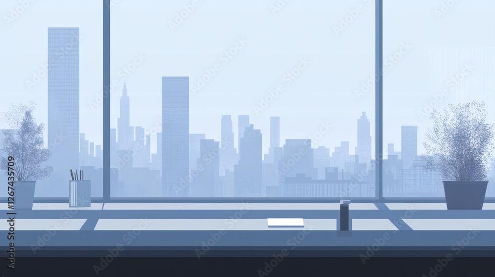 Cityscape view from modern office window