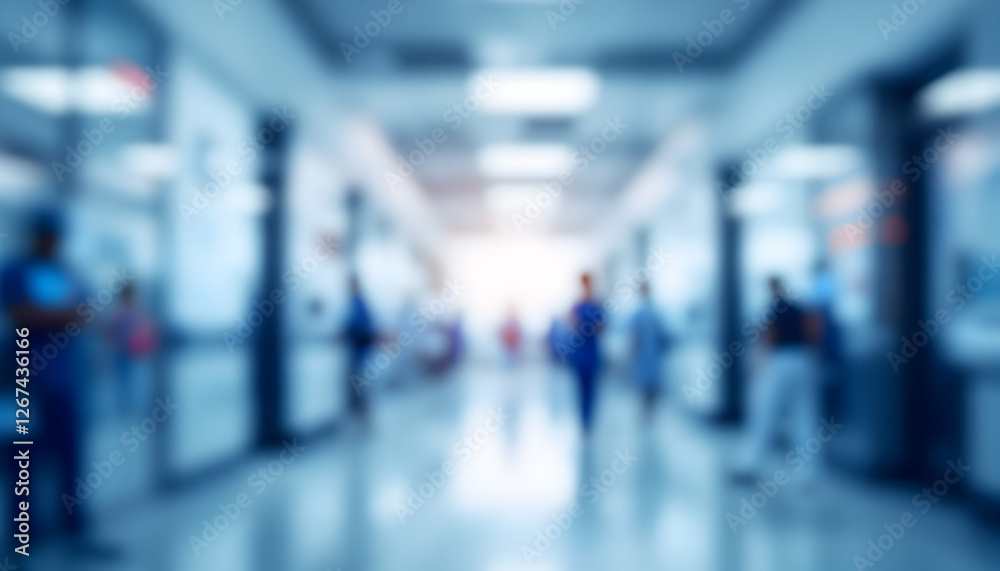 Abstract blurred vision of medical center hallway with people passing Abstract blurred vision of medical center hallway with people passing
